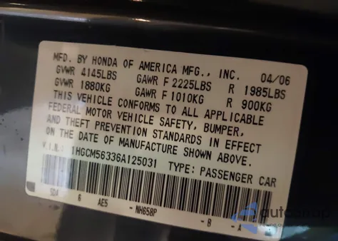2006 Honda Accord 2.4 Se from USA, damaged, VIN 1HGCM56336A125031